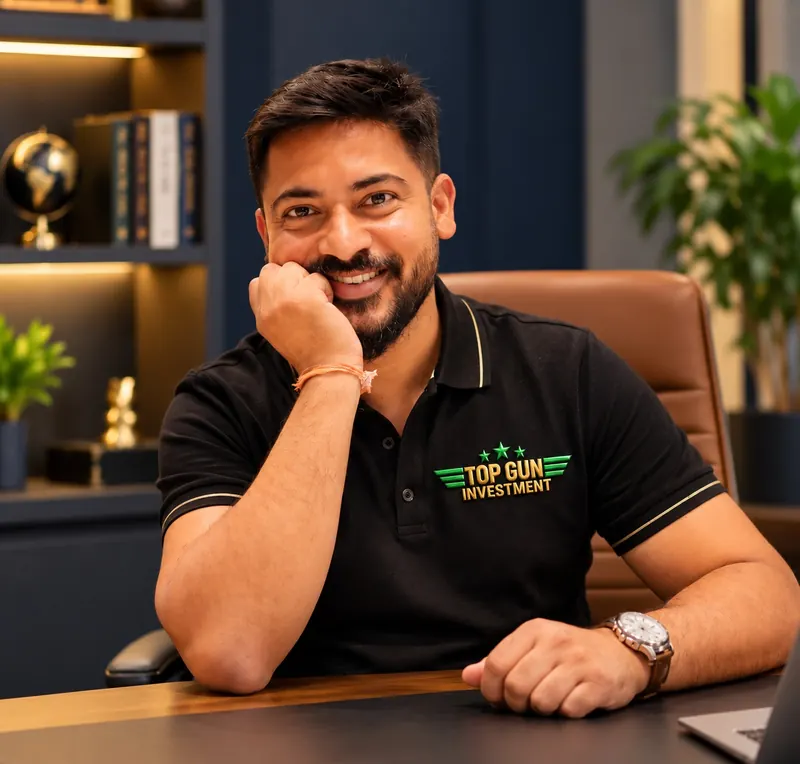 Portrait of Abhishek Vyas, founder of Top Gun Investments, seated at his desk