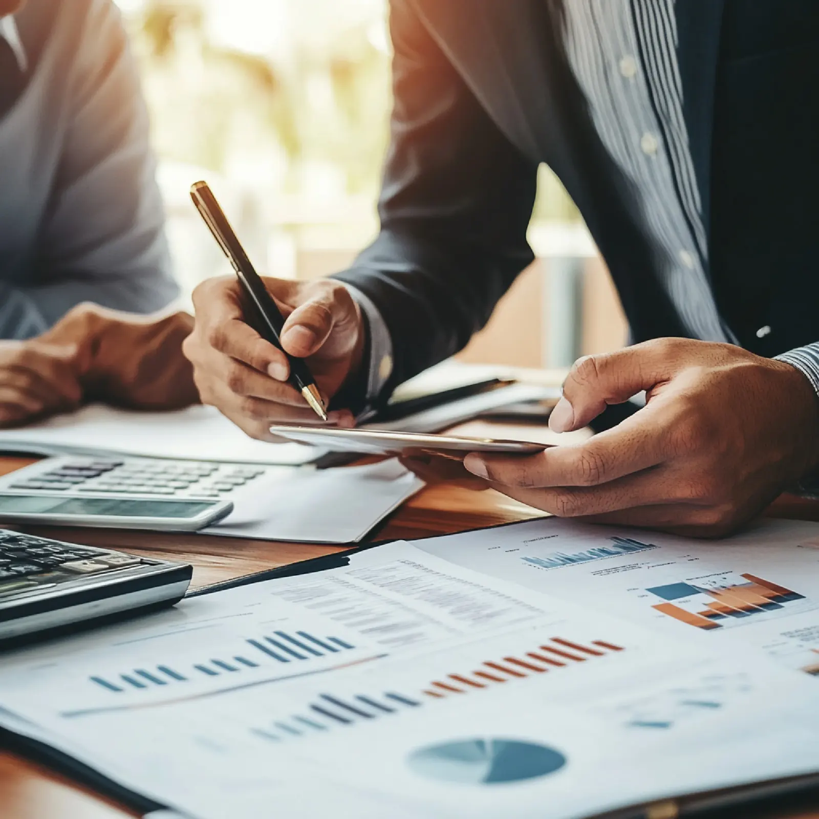 An adviser and a client reviewing printed investment charts together at a desk