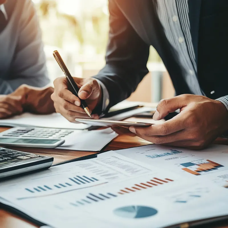 An adviser and a client reviewing printed investment charts together at a desk