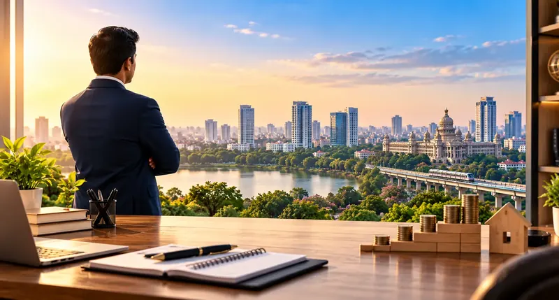 Abhishek Vyas at his office desk, looking out over the city