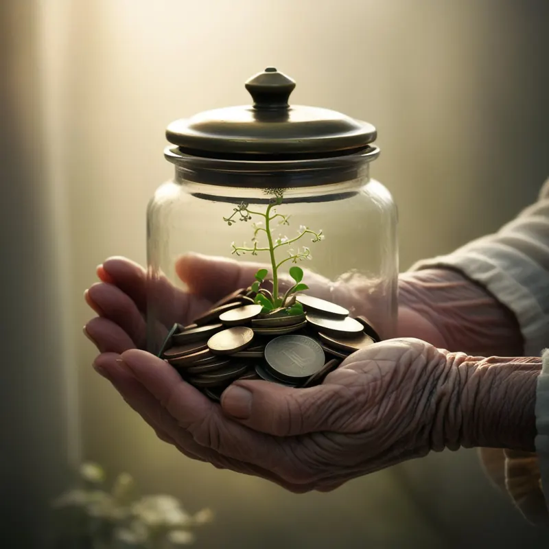 Hands holding a glass jar of coins with a young plant growing inside
