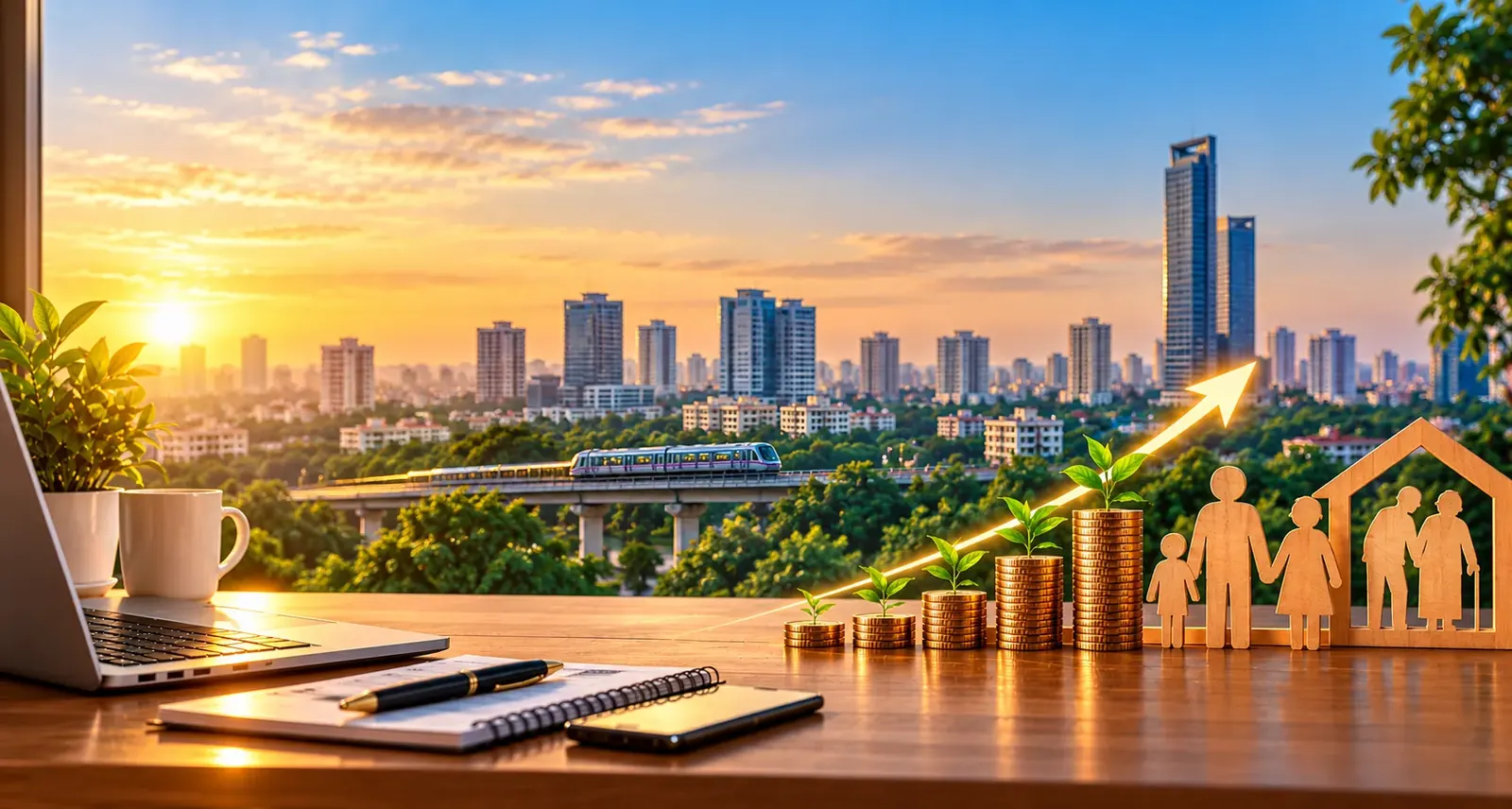 A desk overlooking the Bengaluru skyline at sunrise, with growing stacks of coins