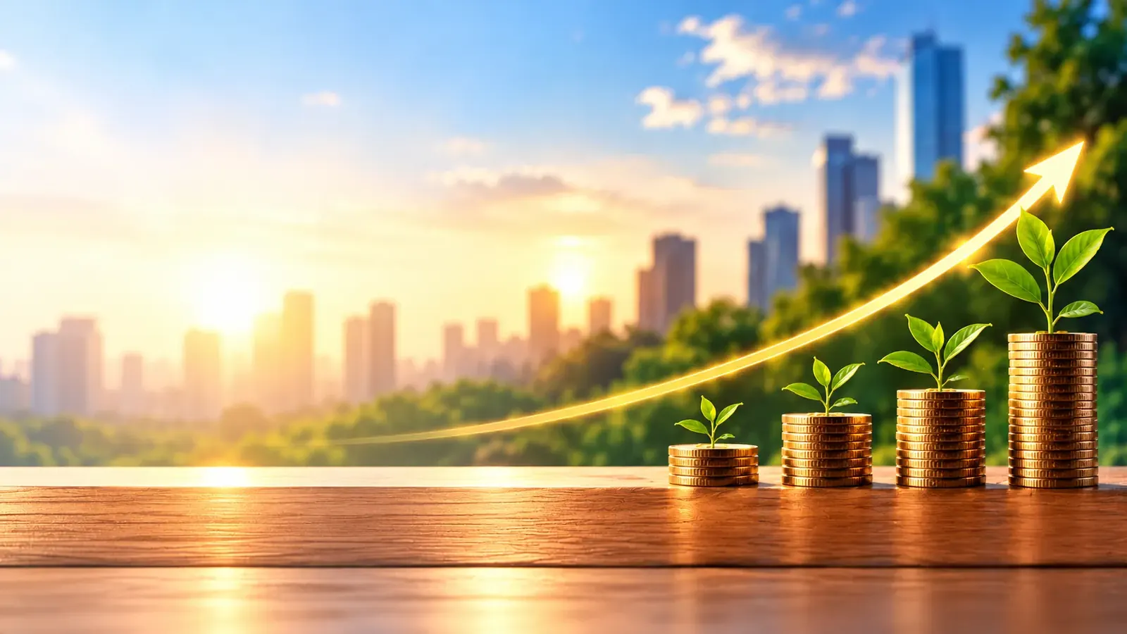 Rising stacks of coins with young plants growing from them, set against a city skyline at sunrise
