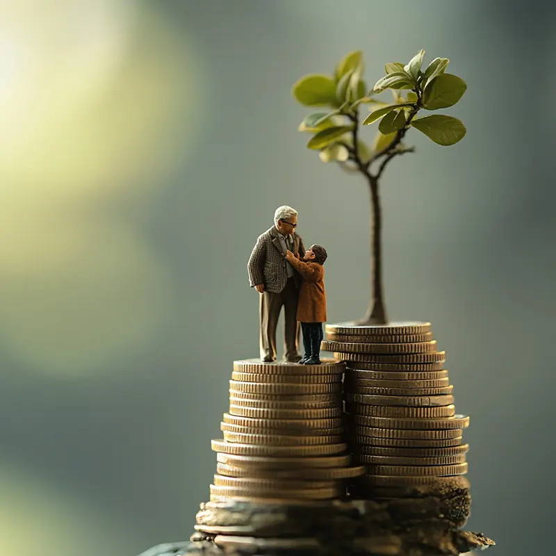 A miniature retired couple standing on coin stacks beside a growing tree