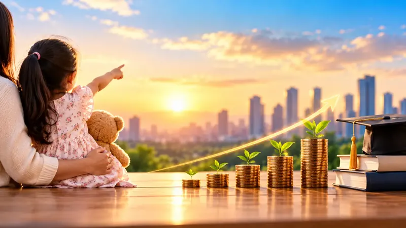 A parent and young child looking towards a sunrise skyline, beside growing coin stacks and a graduation cap