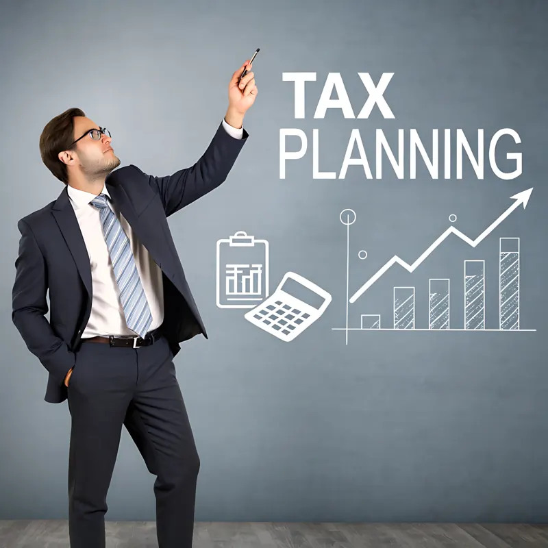 A man in a suit pointing to a tax planning chart drawn on a wall